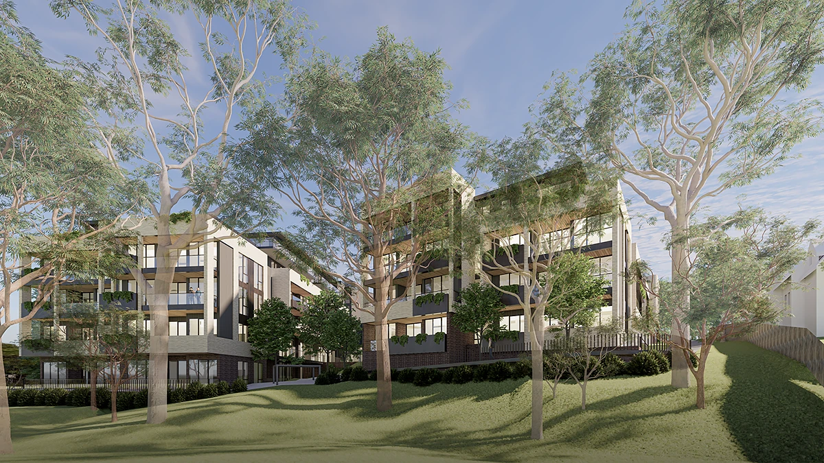 Architectural rendering of a row of modern, two-story BASSCARE townhouses set back from a grassy footpath on Rochester Road, Canterbury. They feature light-colored upper levels with curved facades and dark lower levels with pergola-like awnings, surrounded by mature trees.