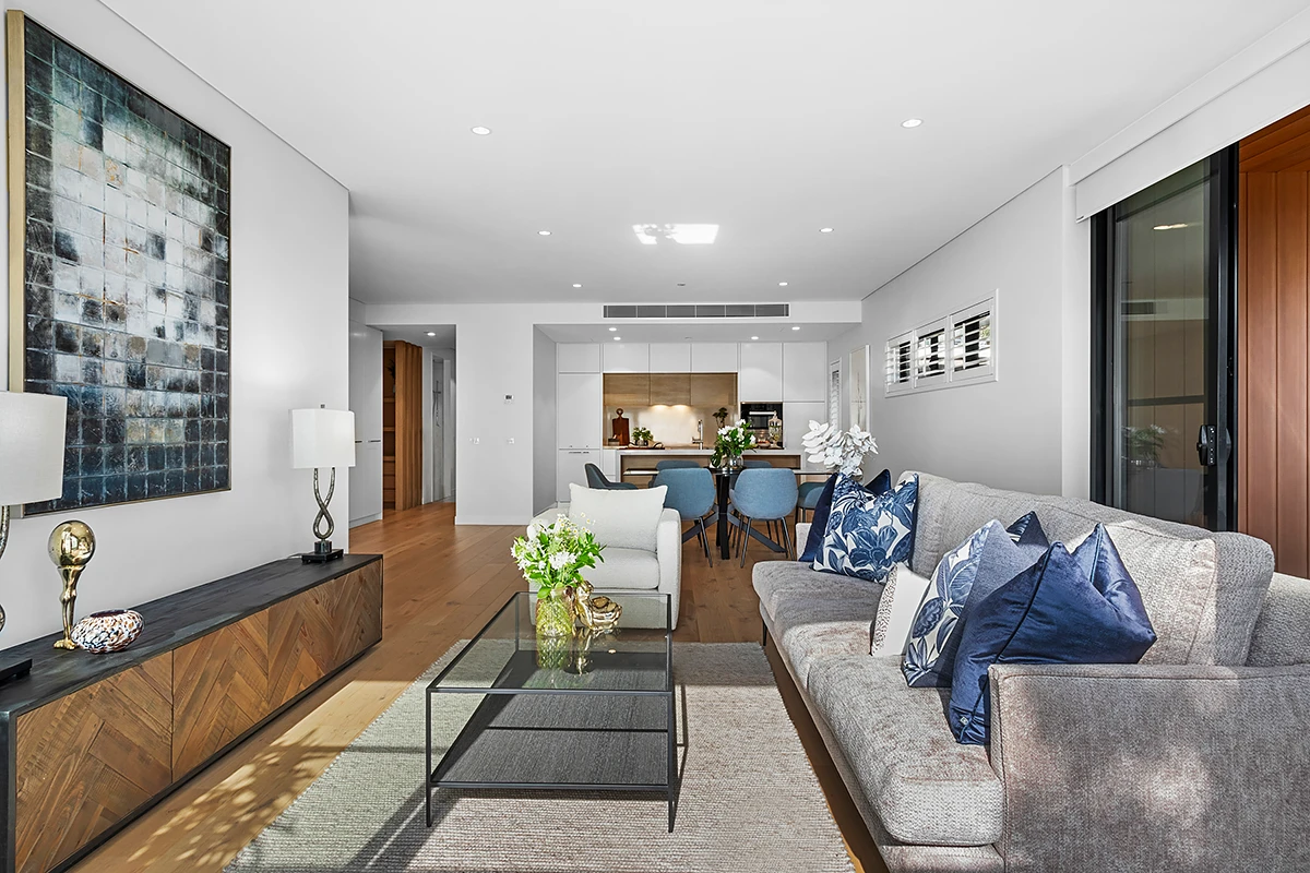 Open-plan living and dining area in a modern apartment at Hester Canterbury, a premier Canterbury retirement community.