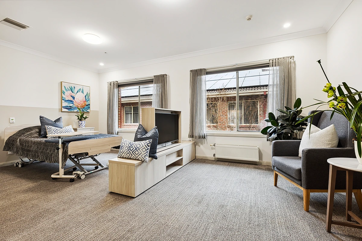 A view of a comfortable resident room at Faversham House, offering high-quality residential aged care in Canterbury, Melbourne.